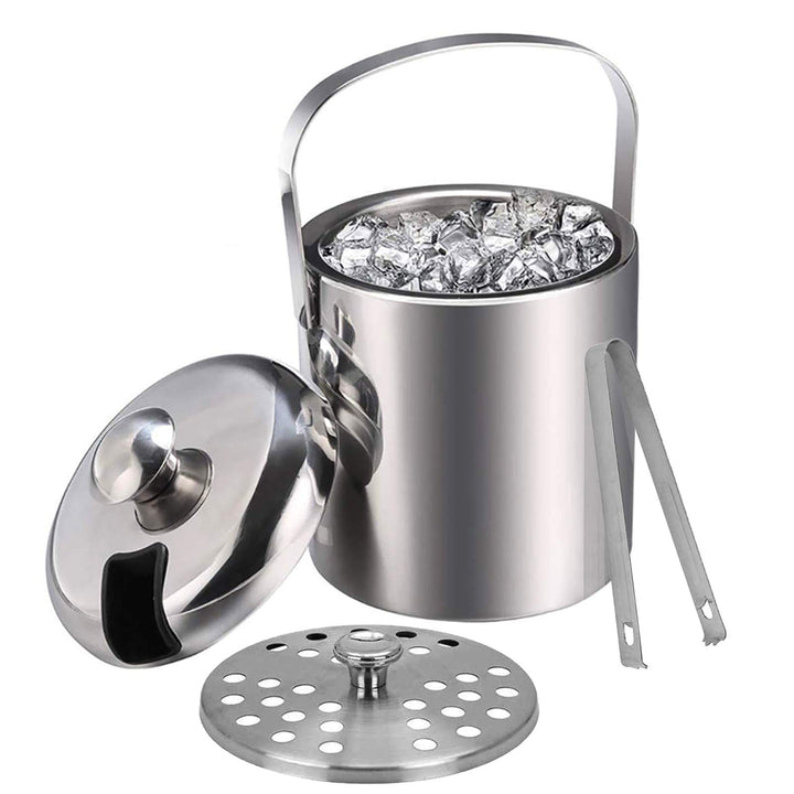 Emsmil Eiseimer mit Deckel Zange und Sieb 1.3L Eiskübel Edelstahl Doppelstöckiger Design Eisbehälter