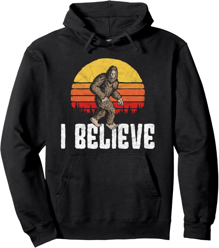 I Believe! Retro Bigfoot 80s Distressed Sunset Sasquatch Pullover Hoodie