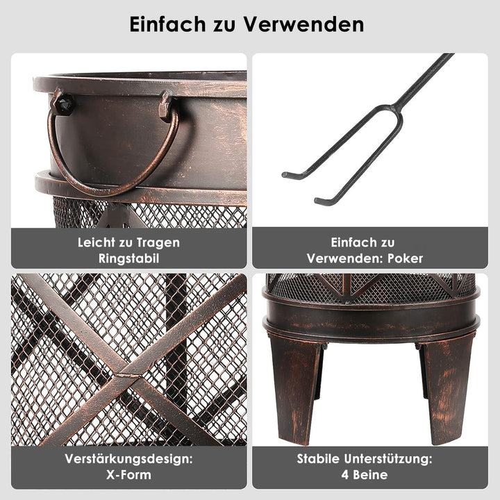 TLSUNNY Feuerschale 58 x 45 x 42 cm,Feuerkorb, Kamin mit Feuerschale Rund in Antik-Rost-Optik, Griff