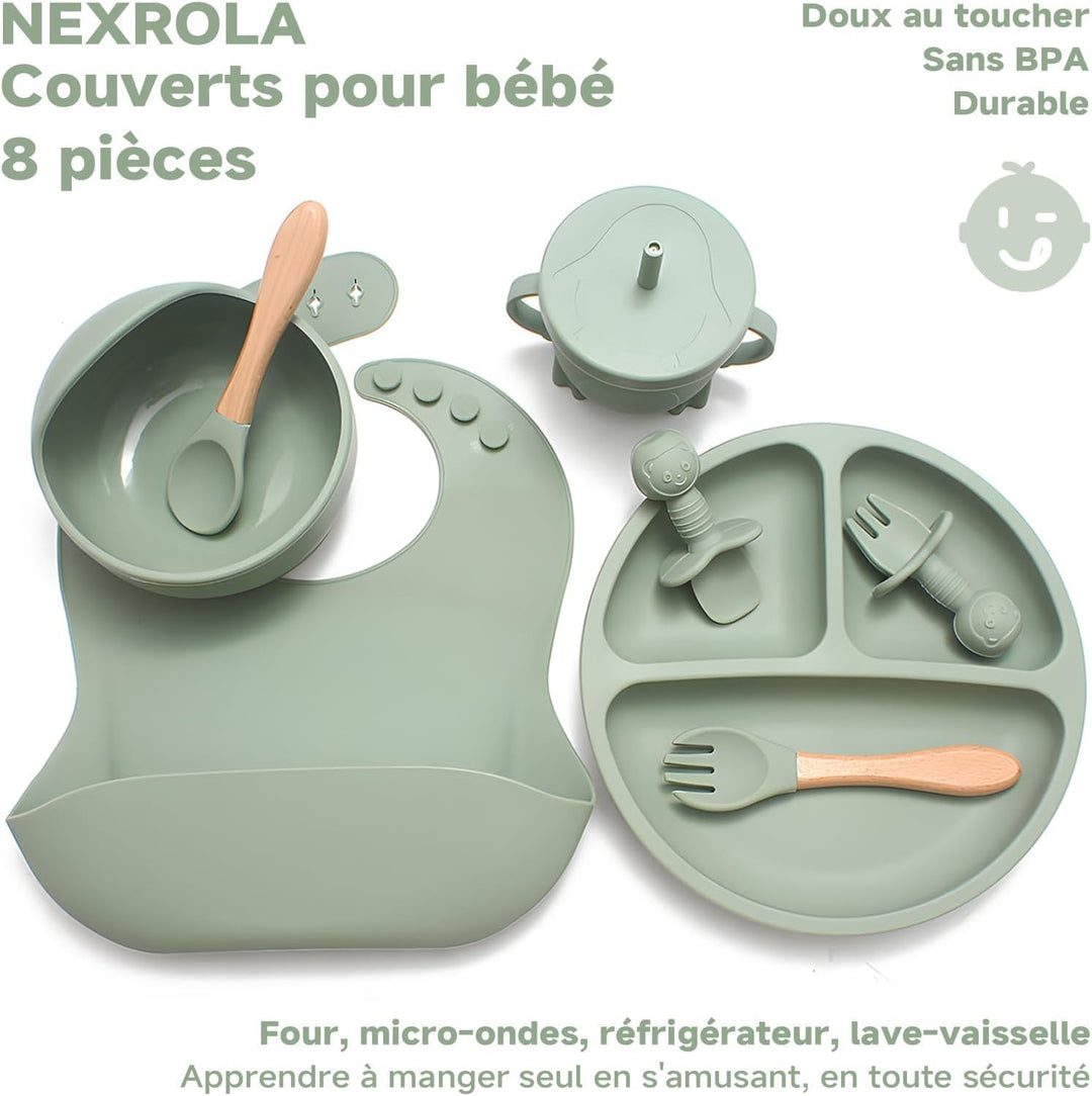 Baby Geschirrset 8 Stück, Kindergeschirr Set, Baby Teller mit Saugnapf, Trinklernbecher, Lernlöffel