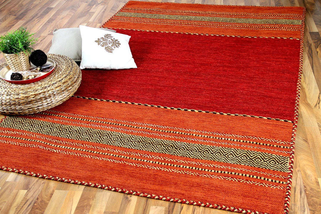 Navarro Natur Teppich Bauwolle Kelim Rot Orange in 6 Grössen 90x160 cm, 90x160 cm