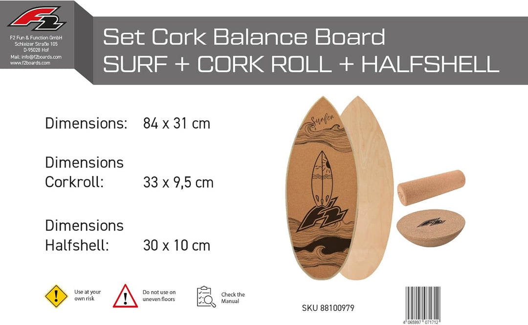 F2 Kork Balance Boards mit Korkrolle + Kork Halbkugel - Modell wählbar Surf 84x31cm, Surf 84x31cm