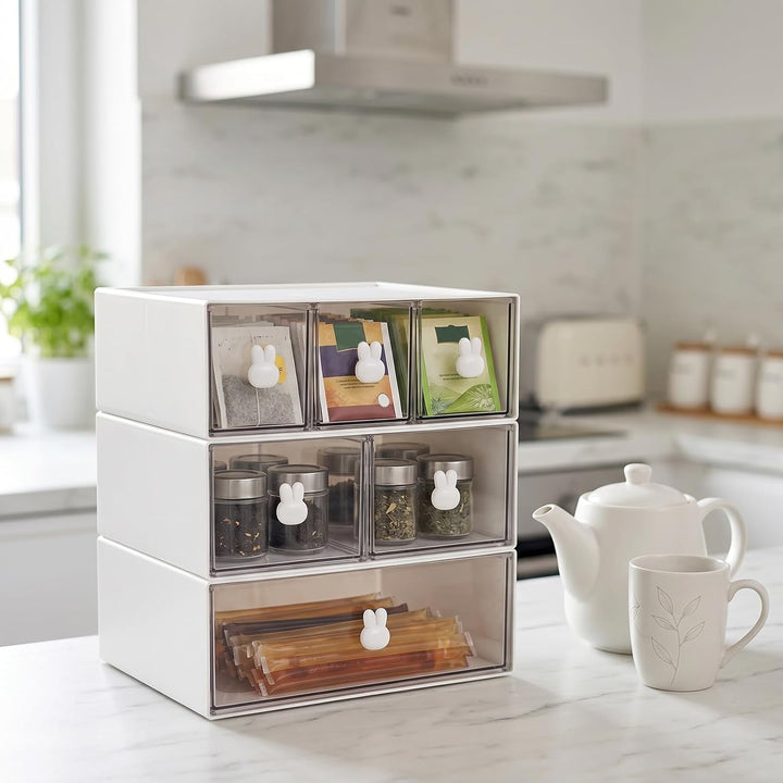 3-teilig Tee Organizer, 23x17x8cm Weiss Kunststoff mit Schubladen Schubladen Box Teebox, Teebeutel A