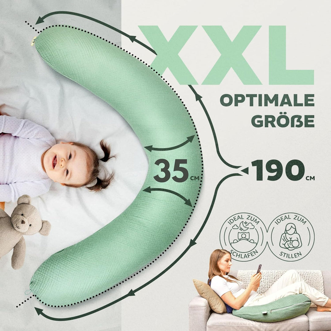 sei Design XXL Stillkissen 190x35 cm mit Musselin-Bezug ergonomisch. Schwangerschaftskissen Seitensc