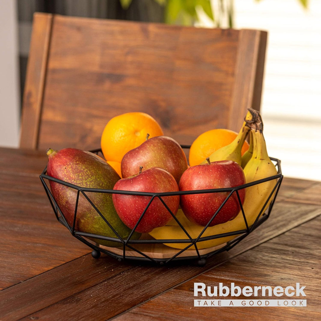 Rubberneck Obstkorb mit Holzboden aus Metall in Schwarz - Moderne Obstschale mit Holz Einsatz für Kü