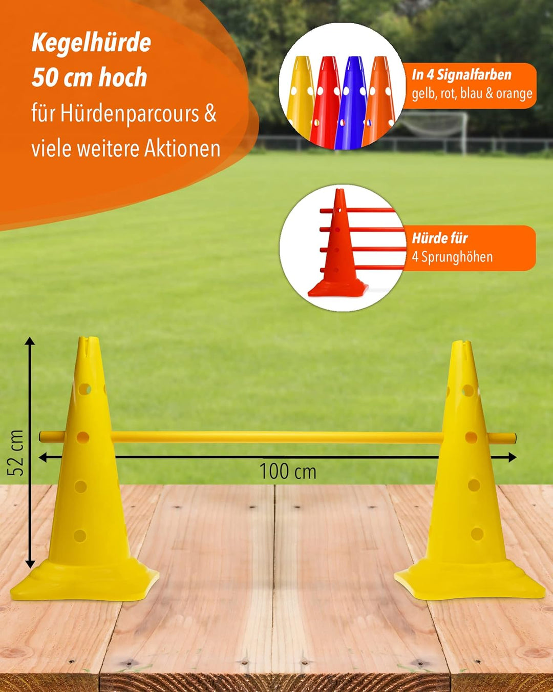 Kombi Kegel-Hürde 50 mit Stangen 100 cm – 4er Set – Parcours-Hindernis für Agility Training – Sprung