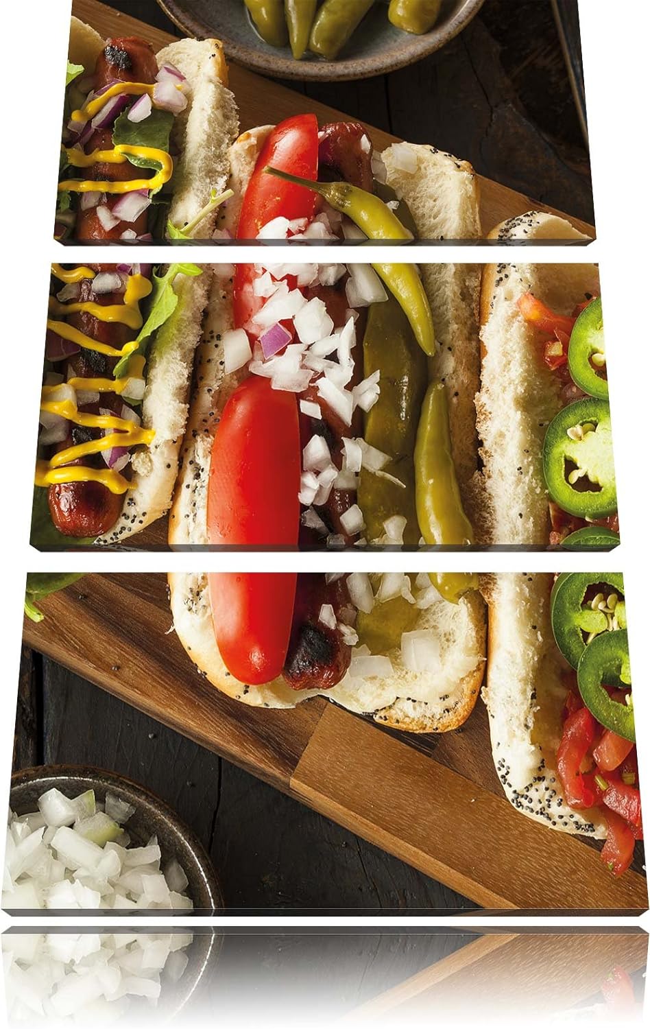 Pixxprint Amerikanische Hotdogs als Leinwandbild 3 teilig/Grösse: 3 Teilig (120x80) / Wandbild/Kunst