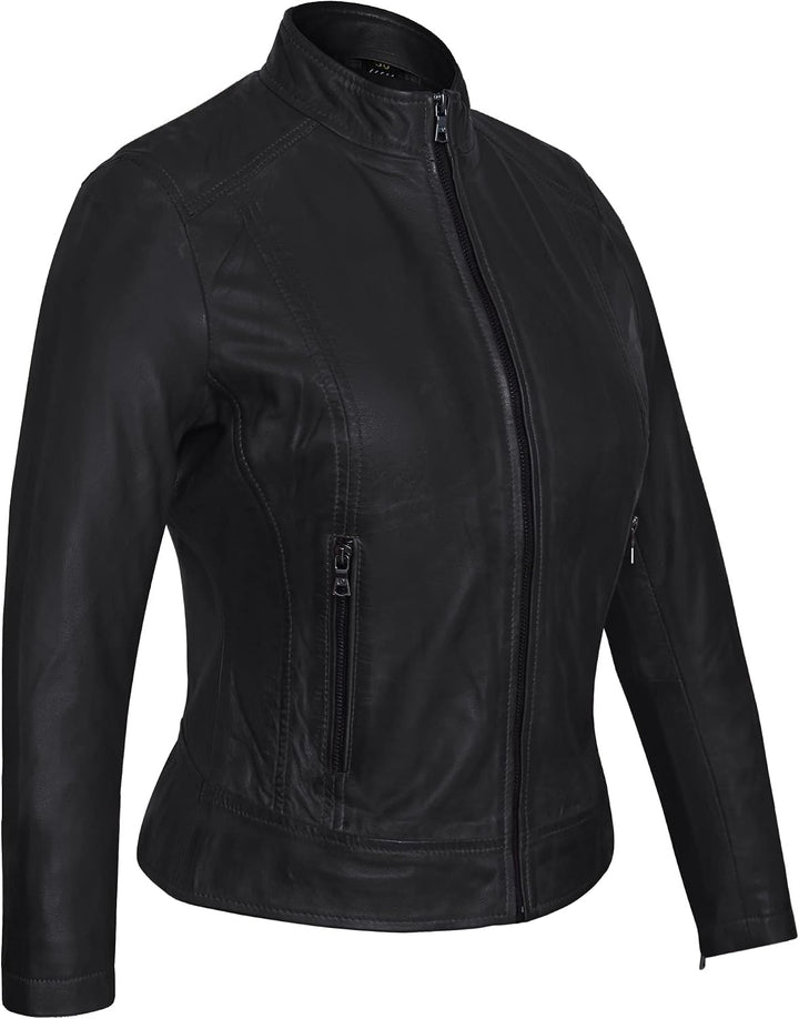 Damen Lederjacke KLARA Bikerjacke mit Stehkragen - Modernen Echtleder Jacke aus Lammnappa Leder Schw