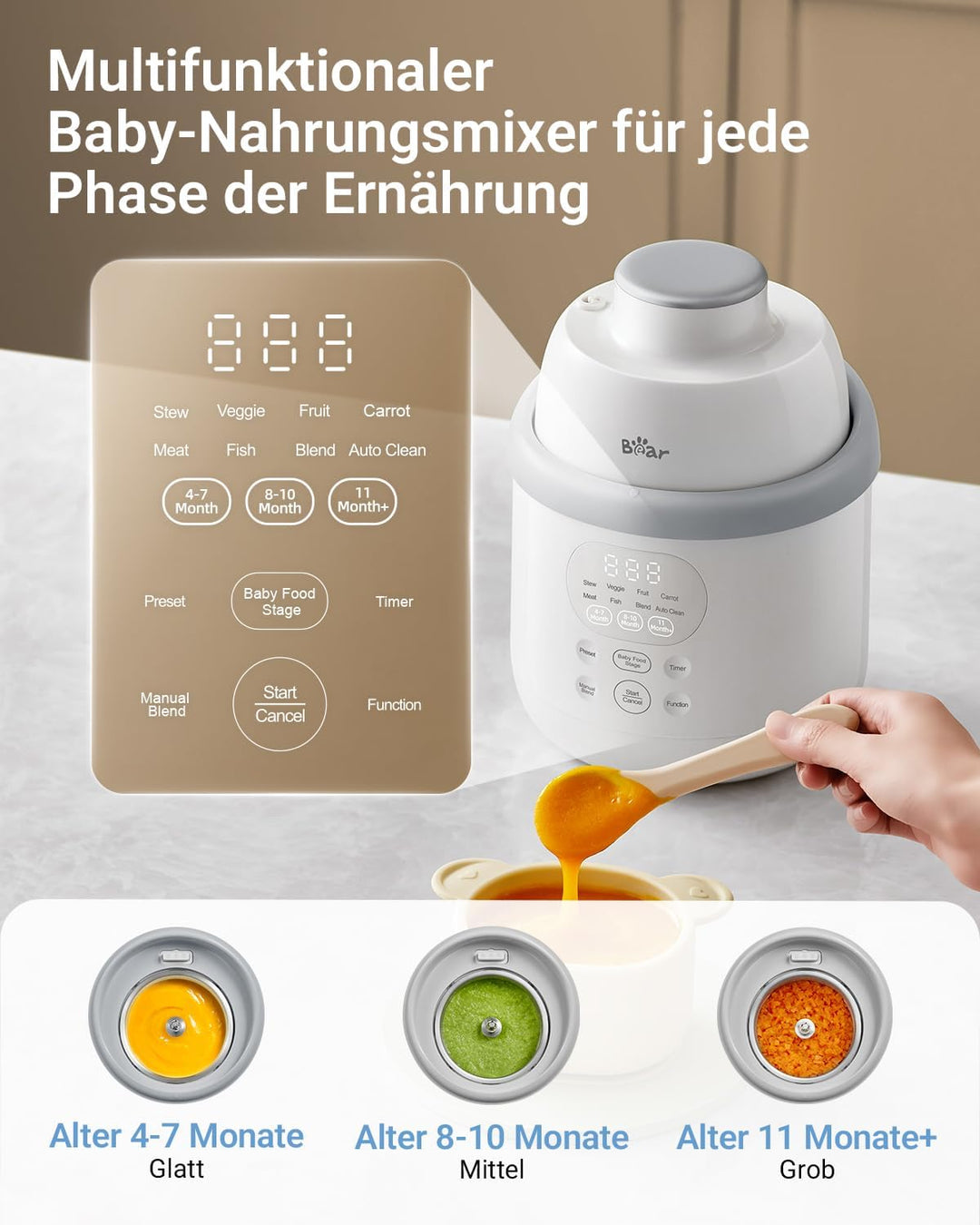 Bear Babynahrungszubereiter NutriEase AllStage Edelstahl, OneStep Baby Food Maker Babybrei-Zubereite