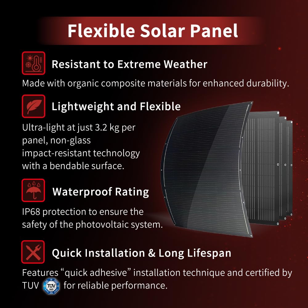 800W Dünnes Flexibles Solarpanel Set 4×200W Monokristalline Module 15,3V IP68 Wasserdicht Matte Schw