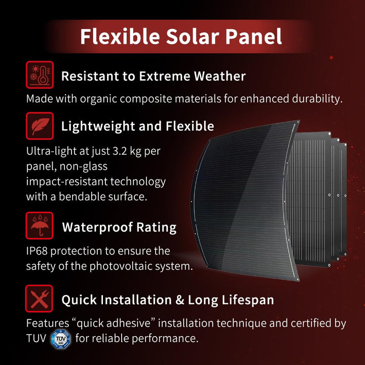 800W Dünnes Flexibles Solarpanel Set 4×200W Monokristalline Module 15,3V IP68 Wasserdicht Matte Schw