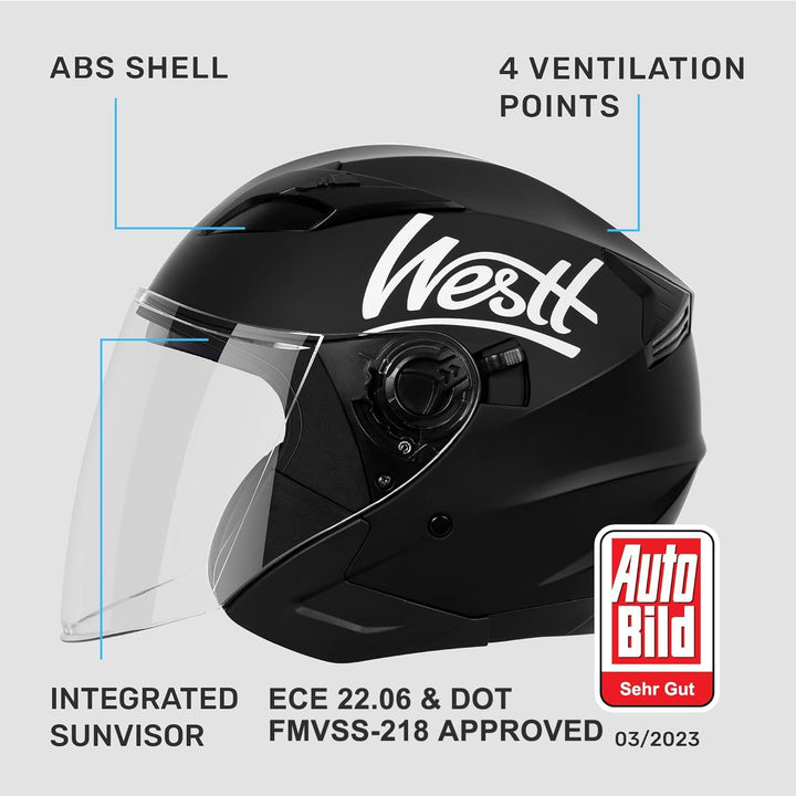 Westt Jethelm mit Visier und Sonnenblende Motorradhelm Herren Damen Rollerhelm Mopedhelm Mofa Choppe