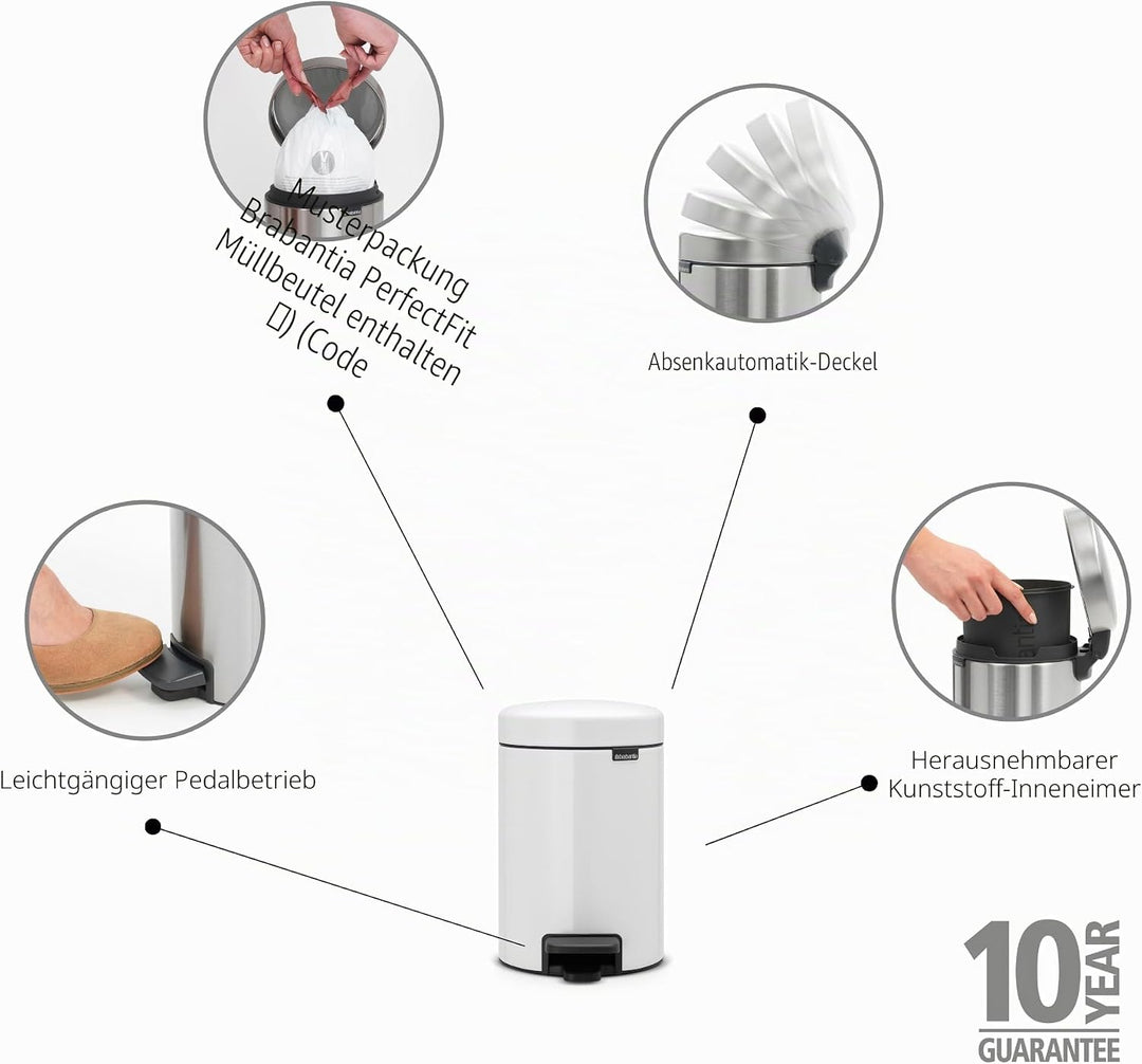 Brabantia 112126 Treteimer mit Inneneimer aus Kunststoff, stahl, Weiss, 3 Liter, Weiss 3 Liter White