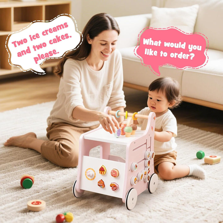 DREAMADE Lauflernwagen Holz, 6-in-1 hölzerne Lauflernhilfe, Baby Walker mit Blöcken & Zubehör, Lernl