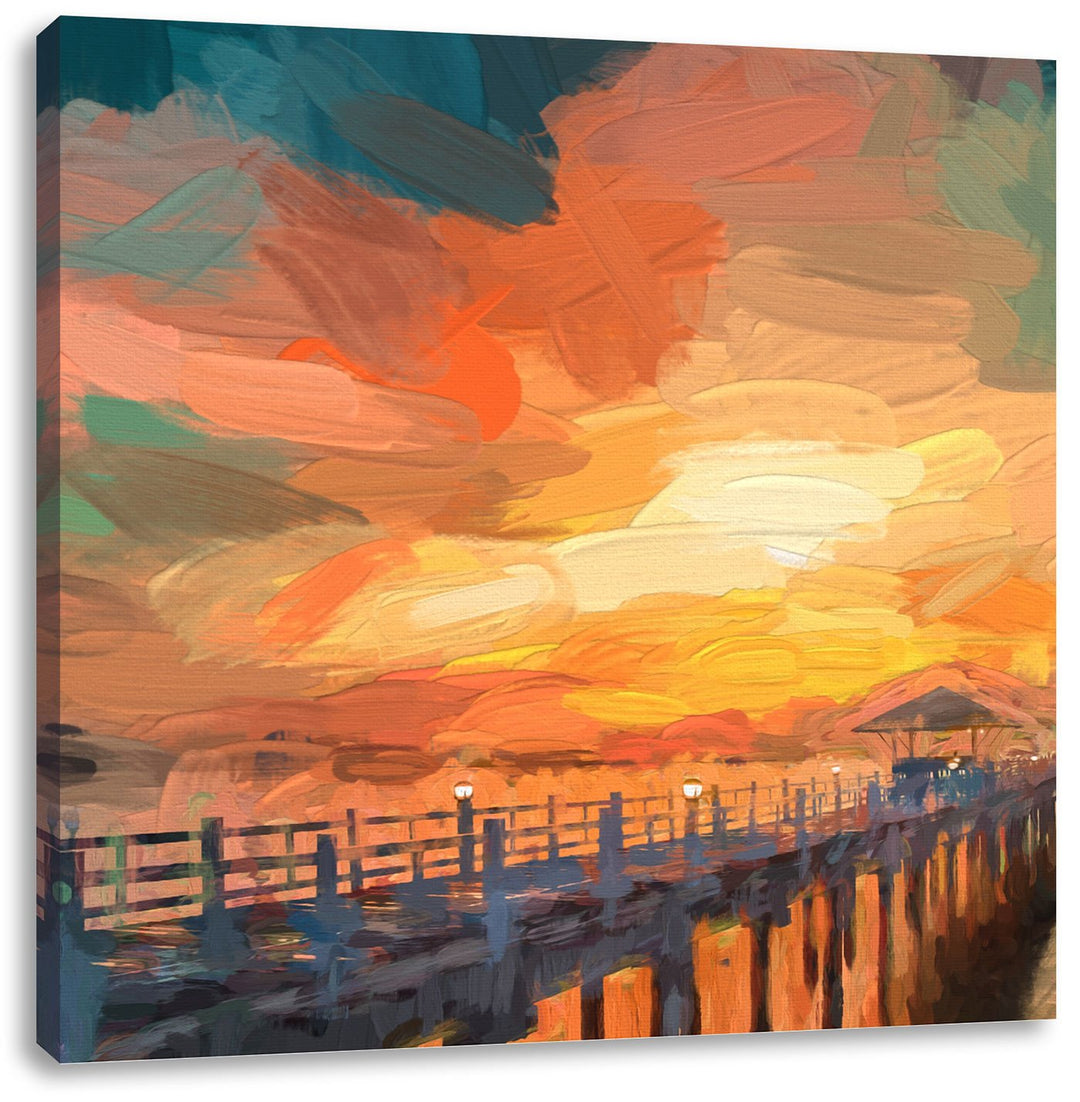 Pixxprint romantischer Steg ins Meer bei Sonnenuntergang Pinsel Effekt, Format: 70x70 auf Leinwand,