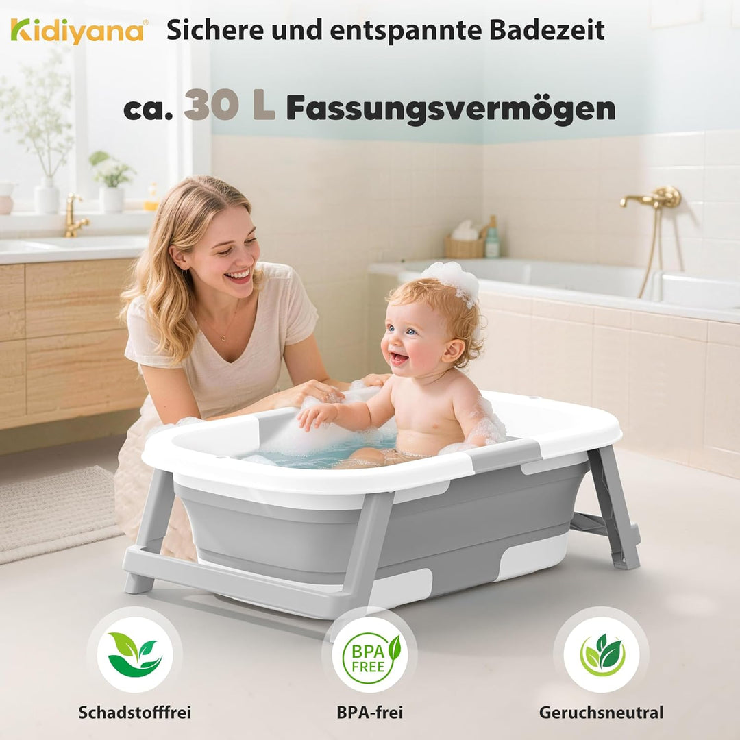 Baby Badewanne faltbar mit Gestell, stabil und rutschfest, platzsparend klappbar, mit Ablauf, PP & T