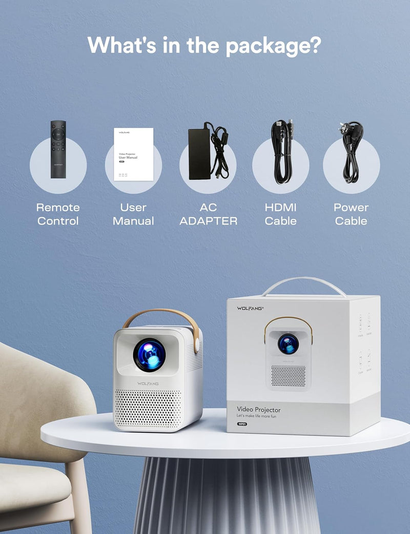 Mini Beamer 4K Unterstützt, WOLFANG 5G WiFi Bluetooth Portable Projektor, Native 1080P 12000 Lumen,