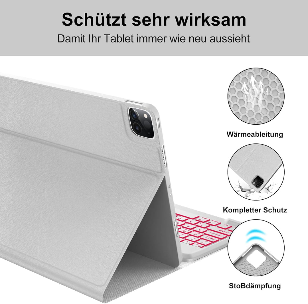 Für iPad Pro 12,9" Hülle mit 7-Farben Beleuchtung Tastatur (2018-2022) – QWERTZ Bluetooth Tastatur,