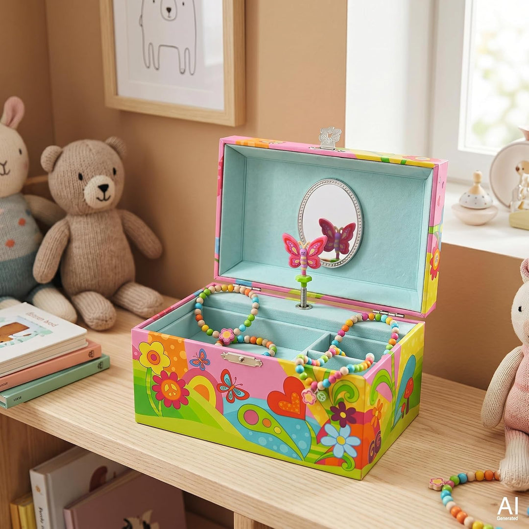 goki 60648 - Musikspieldose Schmetterlingswiese – farbenfrohes goki66 Schmuckkästchen mit tanzendem