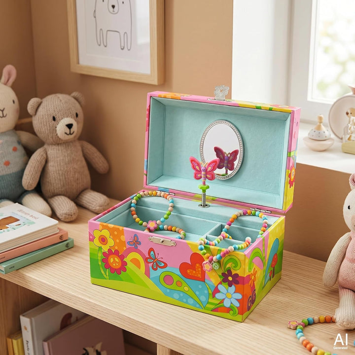 goki 60648 - Musikspieldose Schmetterlingswiese – farbenfrohes goki66 Schmuckkästchen mit tanzendem