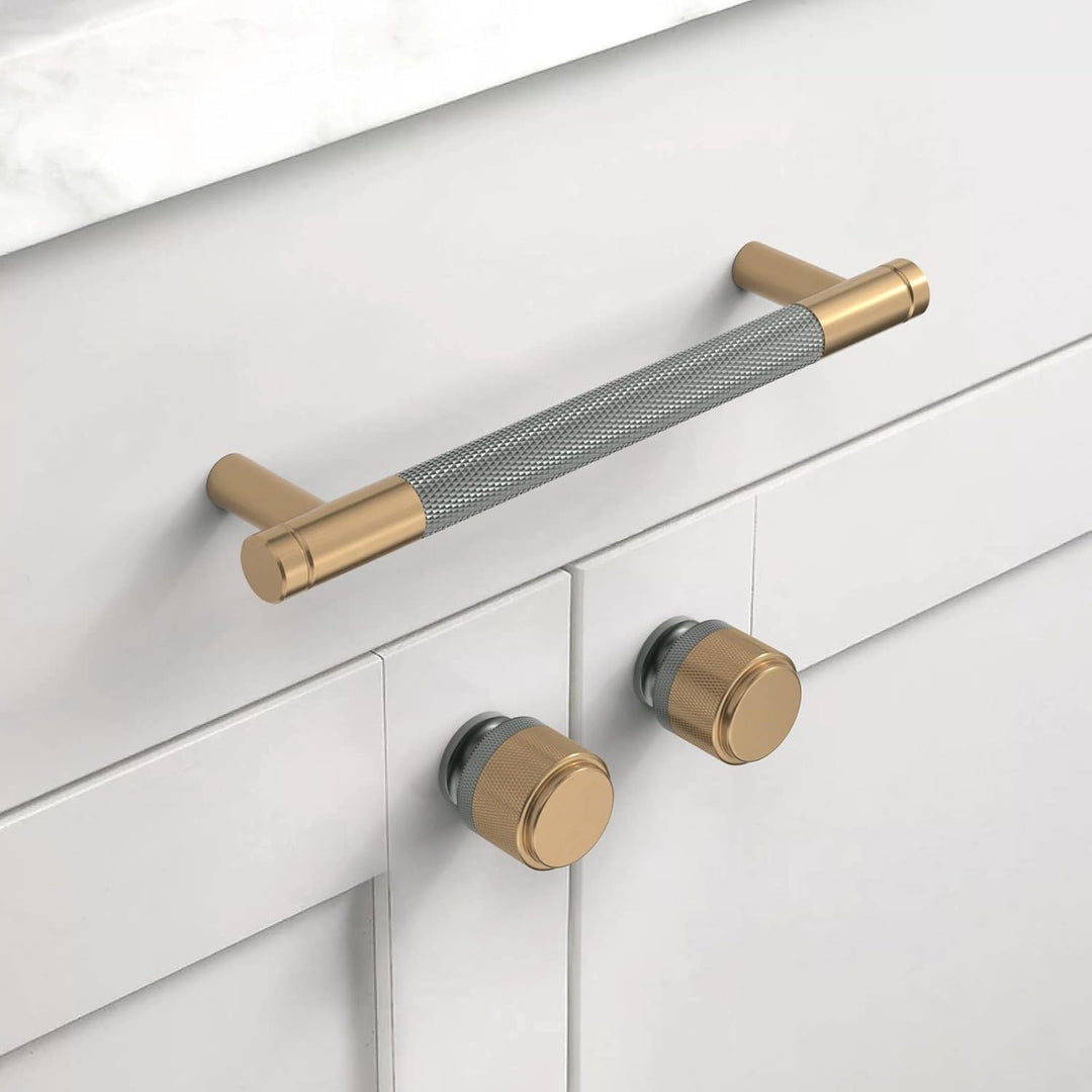 Amerdeco 10 Stück Gerändelte Schrankgriffe Goldgrau Griffe Möbel Möbelgriffe 128mm Lochabstand Türgr