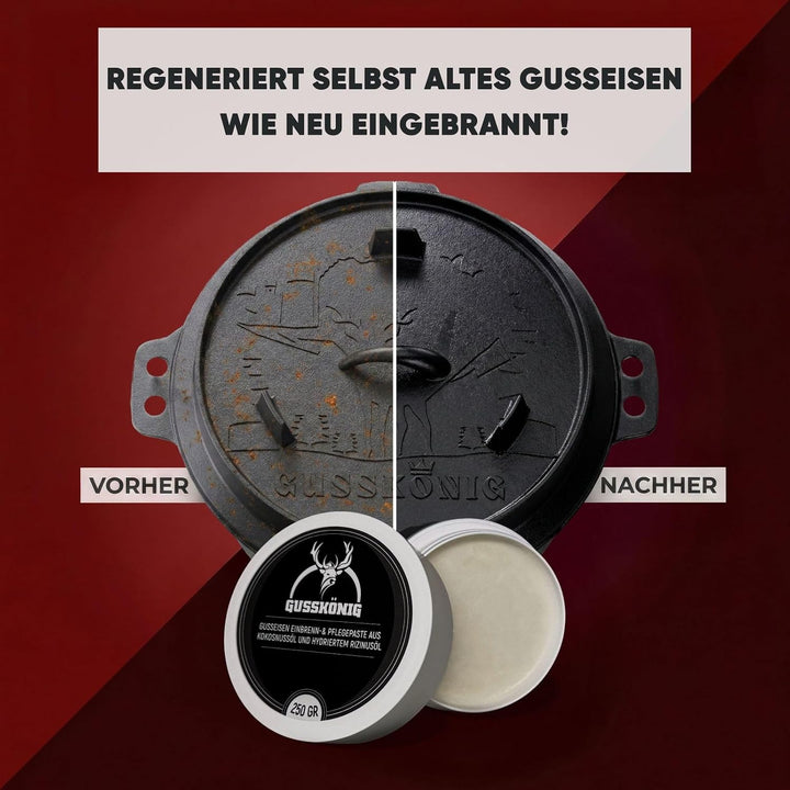 GUSSKÖNIG Gusseisen Pflegepaste 250ml–Made in Germany–100% natürliche Pflege mit Kokosöl &amp; gehärtete