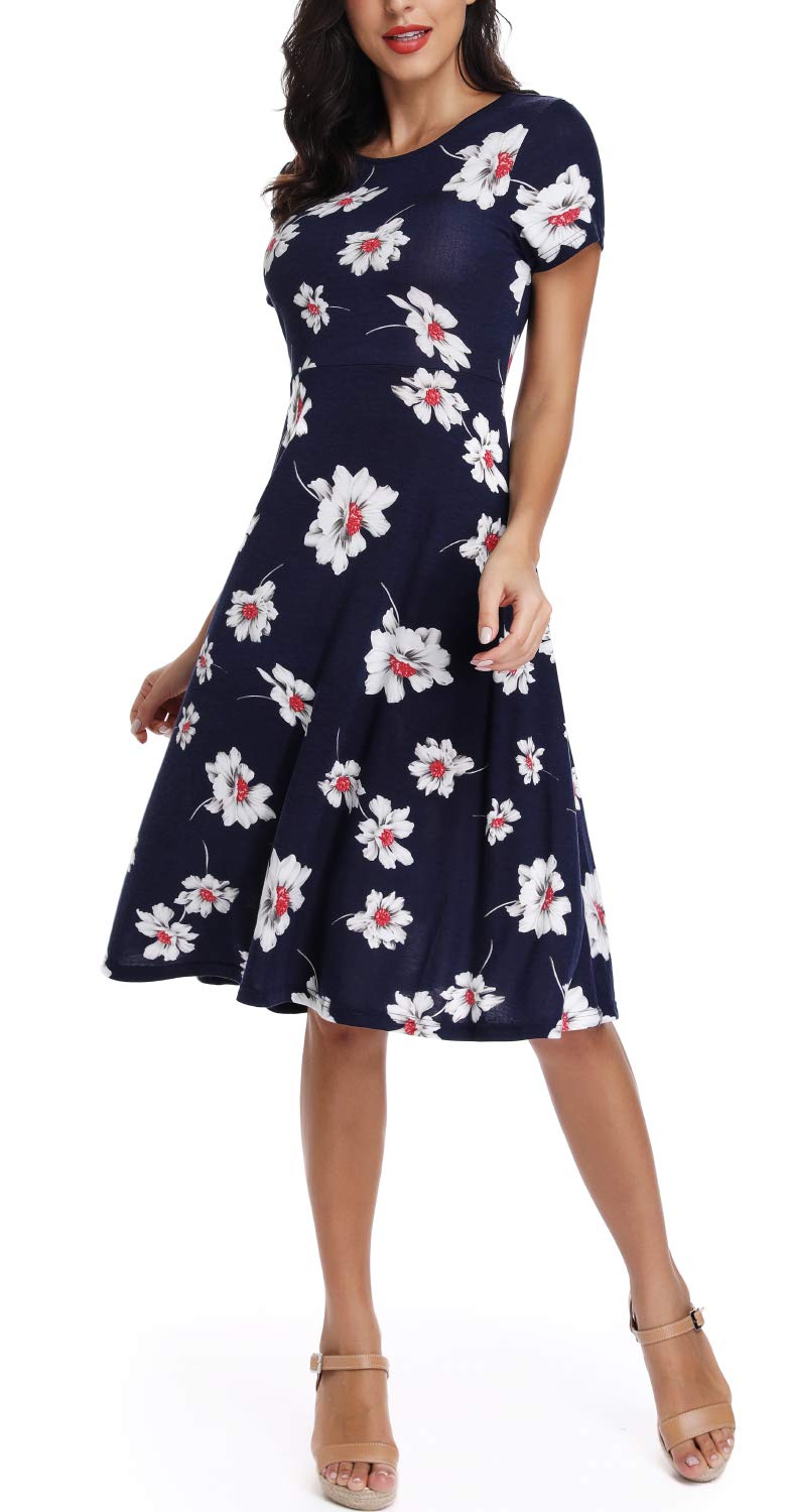 EXCHIC Damen Freizeit Rundhals A-Linie Kurzarm Midi Kleid Elegant Blumen Sommer Knielang Kleider L 3