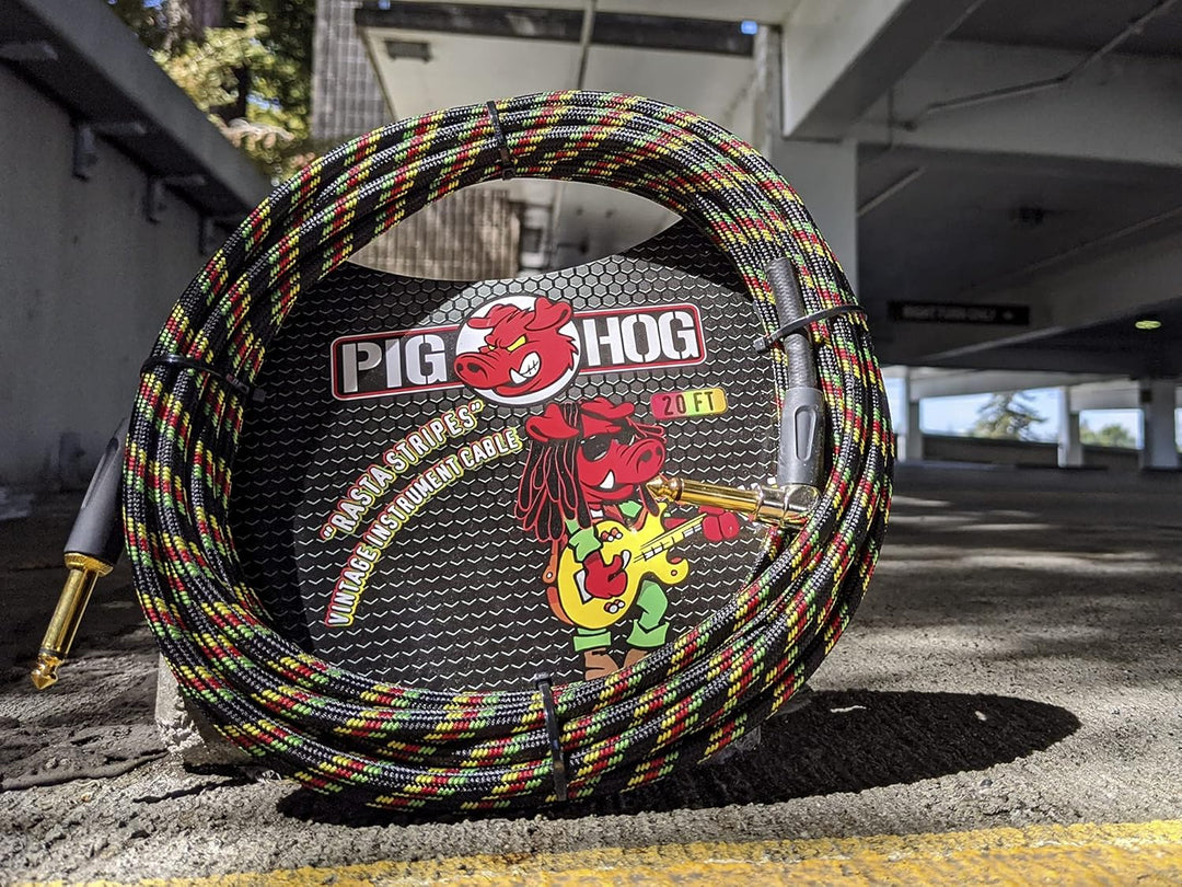 Pig Hog Gitarren-Instrumentenkabel, rechtwinklig, 6,35 mm auf 6,35 mm Rasta-Streifen 20 feet Rasta-S
