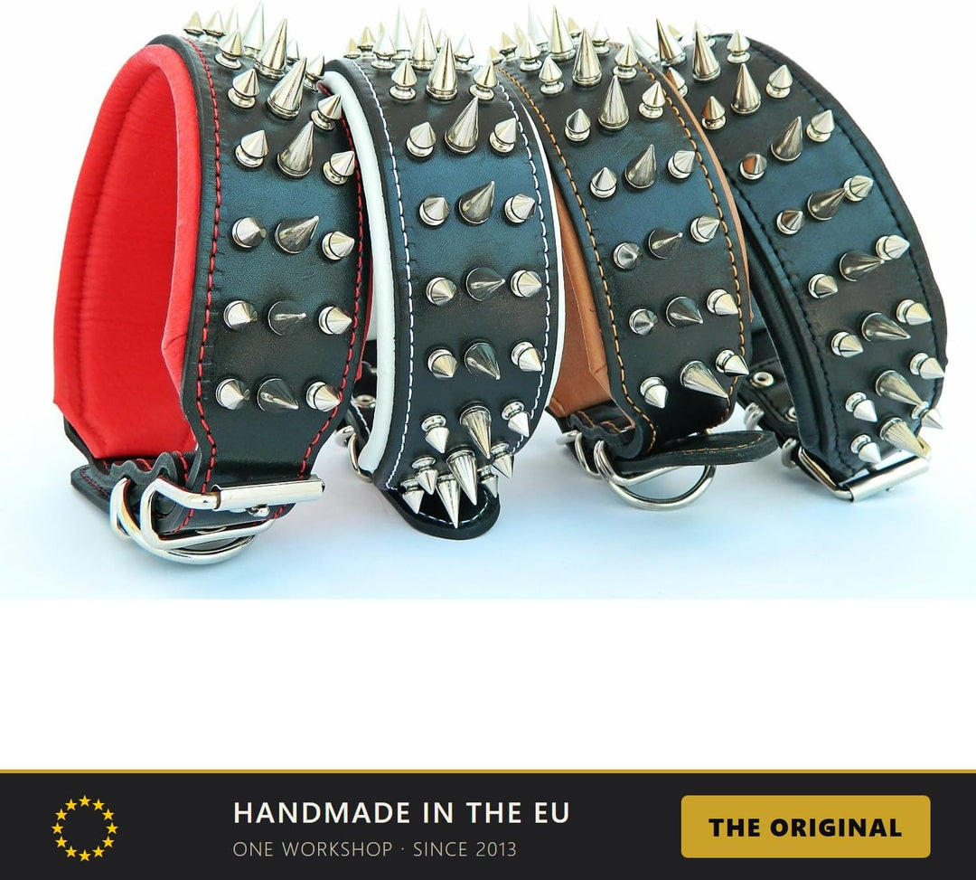 Bestia "Danger Echtleder Hundehalsband mit Schraubspitzen und Leder Innenpolsterung. 6,5 cm breit M