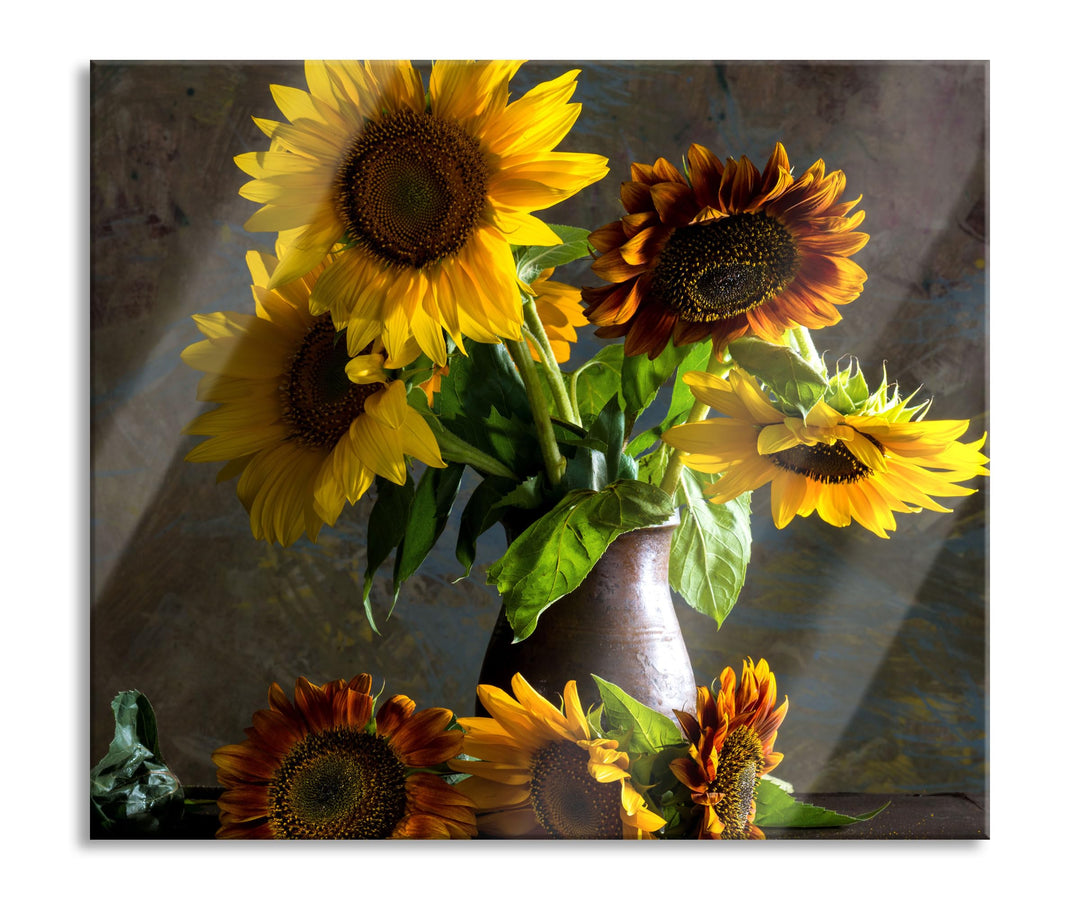Sonnenblumen in edler Vase Herdabdeckplatte & Spritzschutz aus Echtglas | Für Herd-Kochfelder | 60x5
