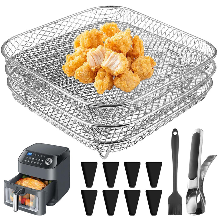 Luftfritteusen Regal, 3 Lagig Stapelbares Edelstahl Quadrat Air Fryer Racks Heissluftfritteuse Zubeh