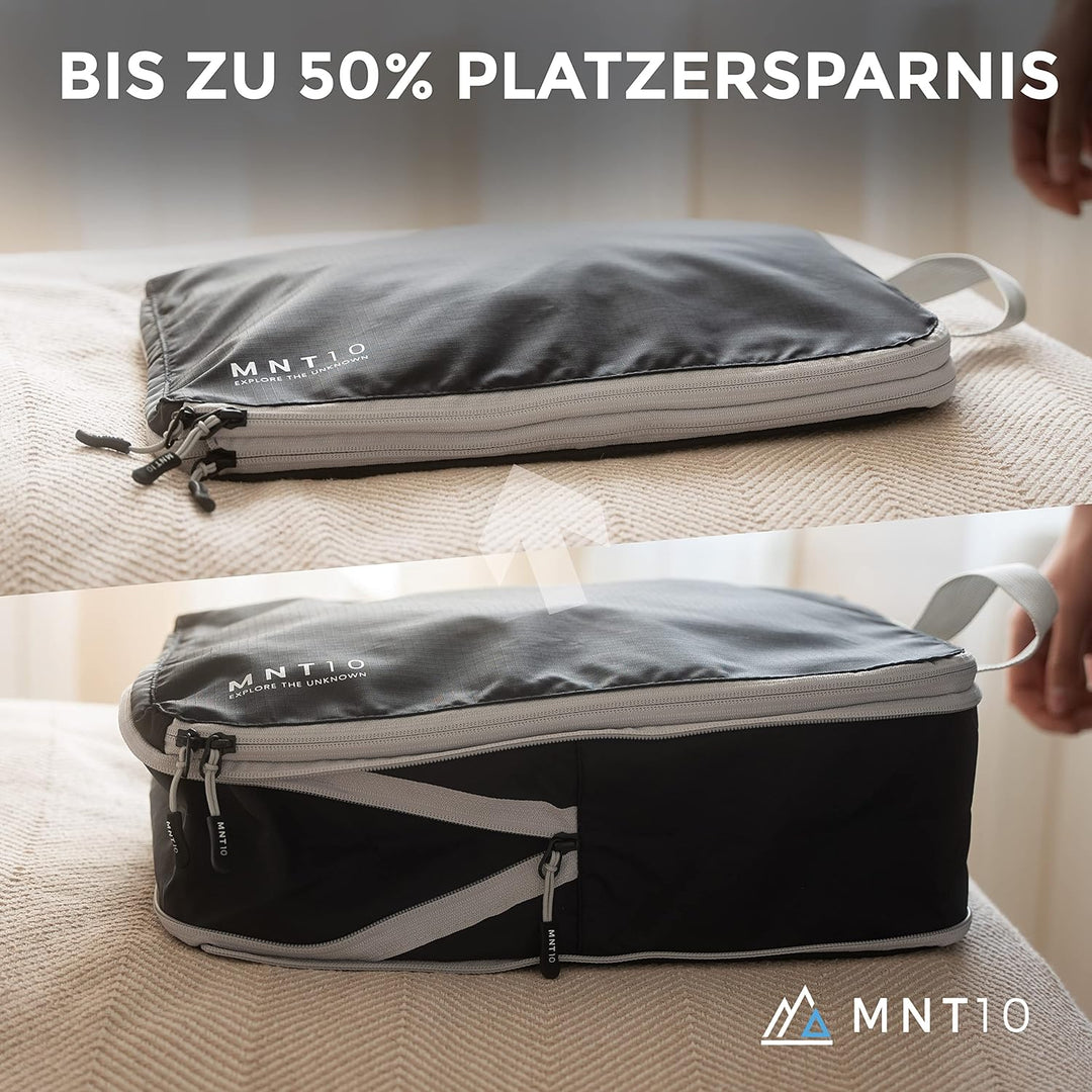 MNT10 Packtaschen recycelt mit Kompression S, M, L, XL I Packwürfel mit Schlaufe als Koffer-Organize