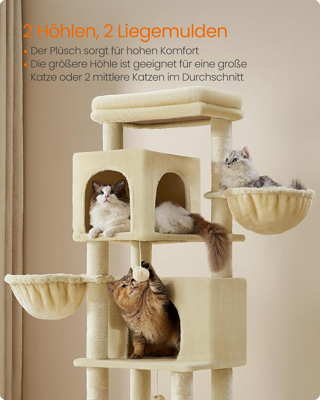 Feandrea Kratzbaum, 175 cm hoch, XL, mehrstöckiger Katzenbaum mit 2 Höhlen, 2 Liegemulden, 5 Kratzsä