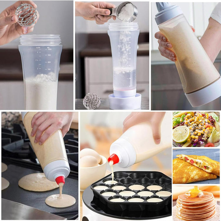 2 Stück Teigspender Quetschflasche, Pancake Mixer Bottle, Teigdosierflasche 1l, Teigflasche Pfannkuc