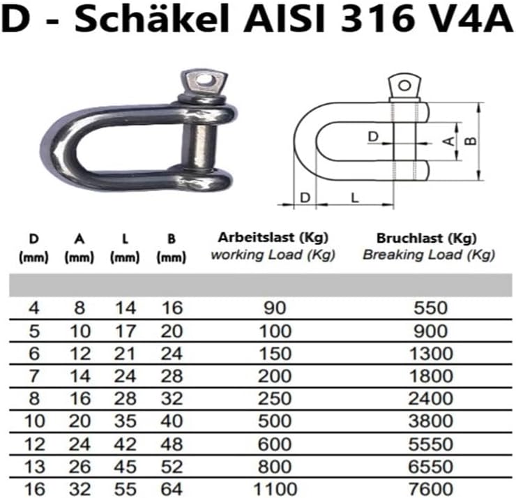 8mm 4 Stück Edelstahl Schäkel D Form für Ketten AISI 316 V4A 8mm 4.0, 8mm 4.0