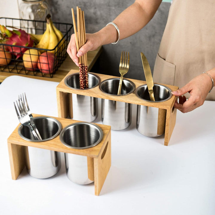IMEEA Besteckhalter Küchen Utensilienhalter aus SUS304 Edelstahl und Baumholzbasis (3-teilig) 30,5 L