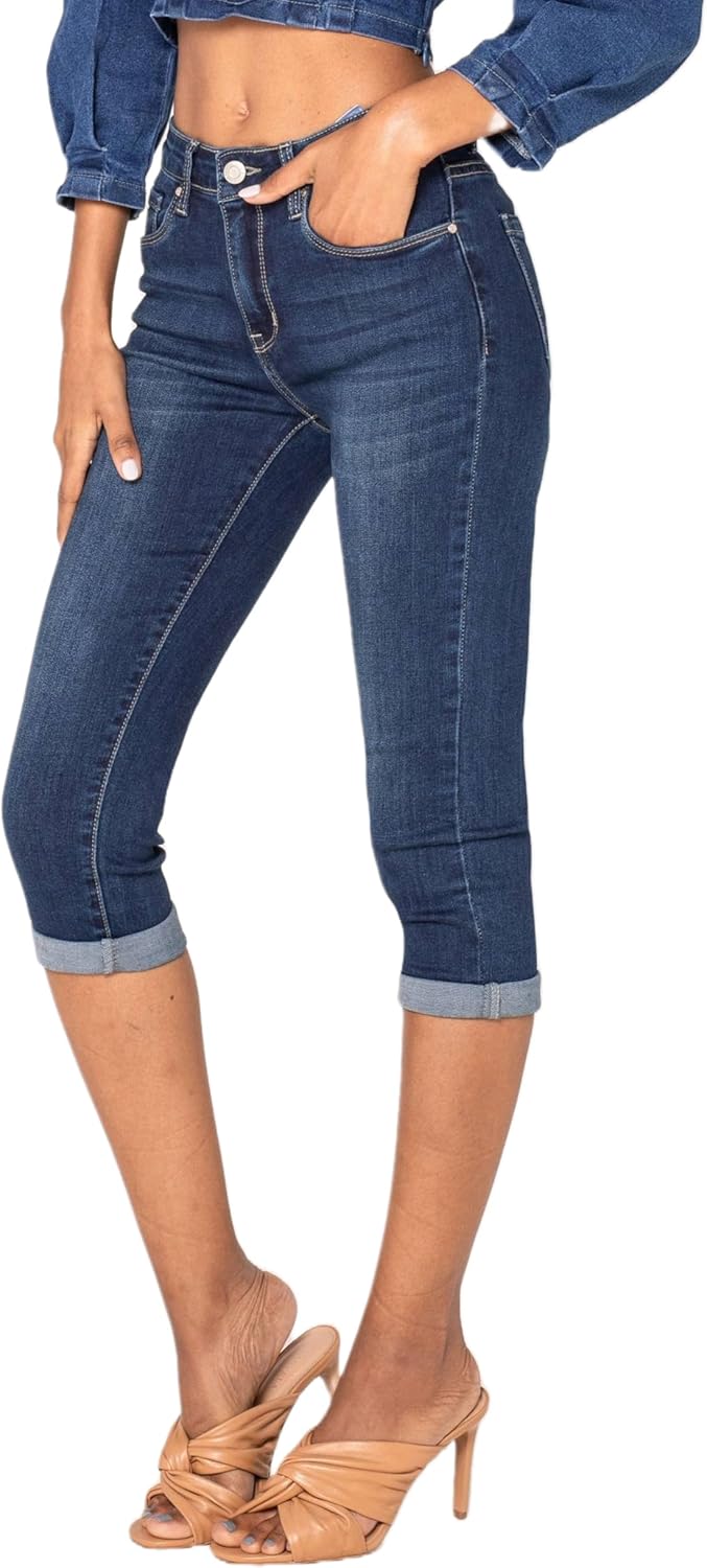 Nina Carter P132 Damen Capri Skinny Fit Jeanshosen HIGH Waist Jeans Used-Look Waschungseffekt S Dunk