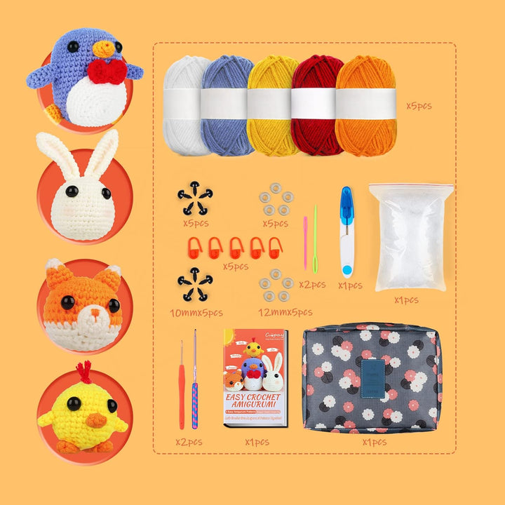 Coopay Häkelset für Anfänger: 4 in 1 Niedlich Häkelset Tiere - Pinguin, Küken, Kaninchen & Fuchs, Ko