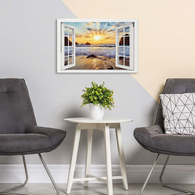 PICANOVA – Bild auf Leinwand Felsiger Strand Sonnenuntergang Fenster 60x40cm – Leinwandbild – Premiu