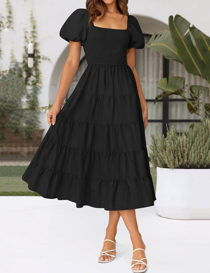 ZESICA Damen-Sommerkleid, eckiger Ausschnitt, Kurze Puffärmel, einfarbig, hohe Taille, lässig, flies