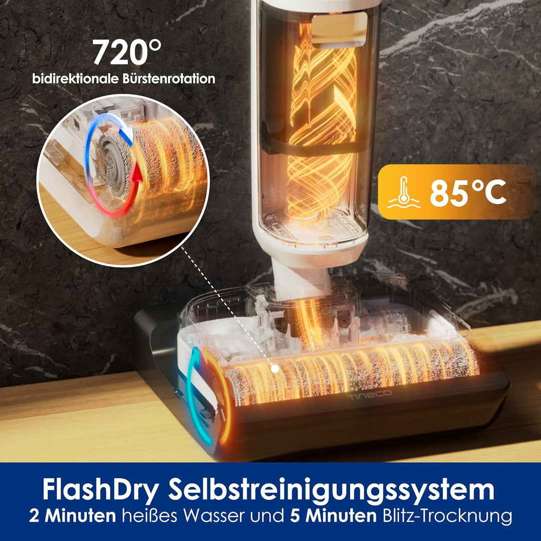 Tineco Floor One Stretch S6 Nass Trockensauger, 180°-Flachdesign Saugwischer 13cm Liegehöhe, 85°C 5m