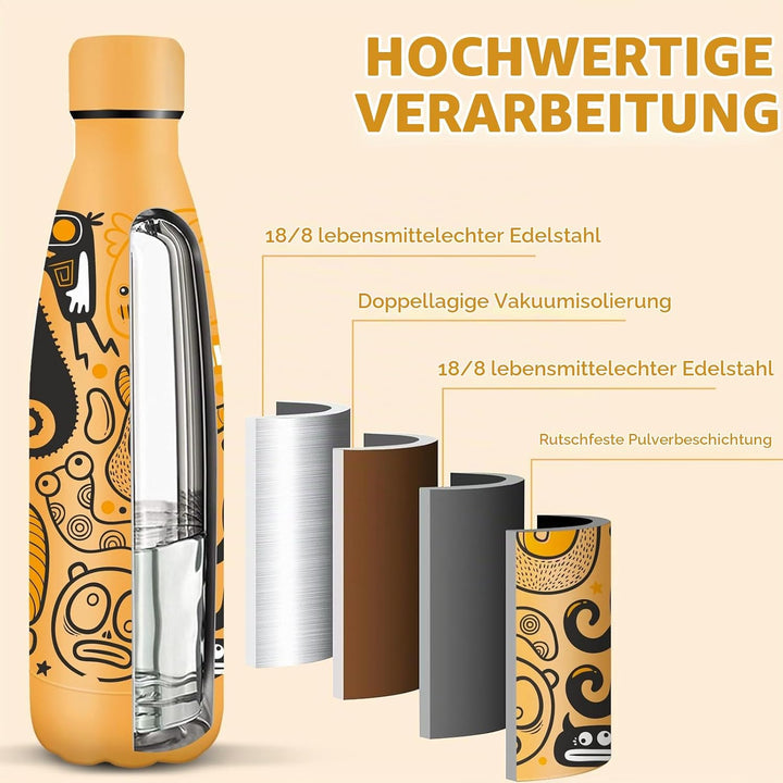 HoneyHolly Trinkflasche Edelstahl, 500ml BPA-frei, Thermosflasche, 18/8 Edelstahl, Wasserflasche Kin