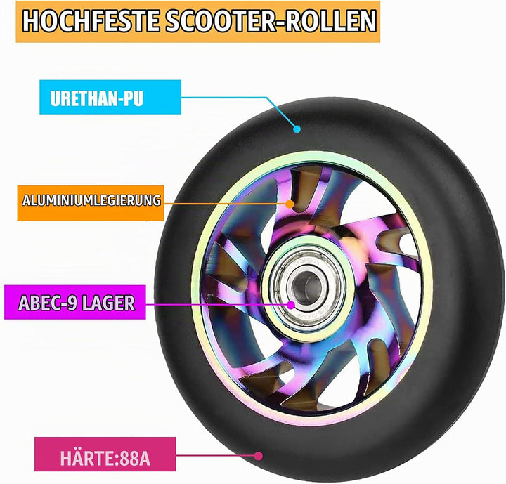 Yungeln 2 Stück 110mm Stunt Scooter Ersatzräder 110 x 24mm 88A Vollreifen mit ABEC-9 Lager kompatibe
