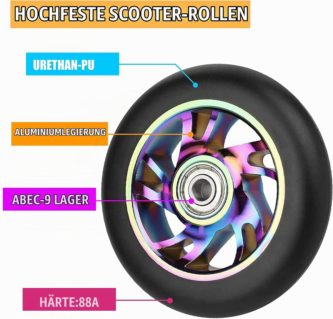 Yungeln 2 Stück 100mm Stunt Scooter Ersatzräder 100 x 24mm 88A Vollreifen mit ABEC-9 Lager kompatibe