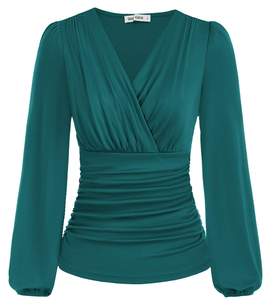 GRACE KARIN Damen V-Ausschnitt Bluse Elegant Wickelbluse Laterne Langarm Slim Fit Plissee-Top Tunika