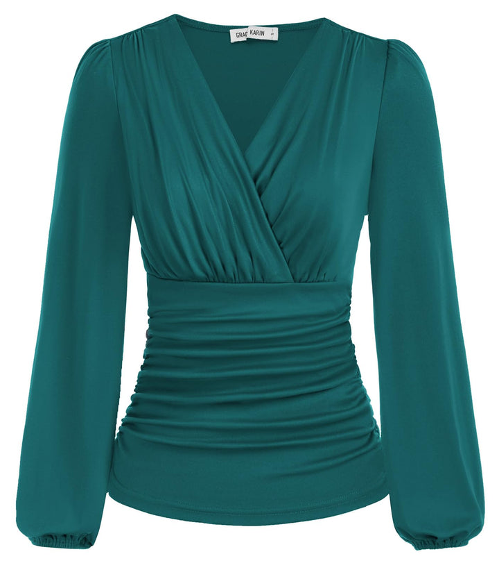 GRACE KARIN Damen V-Ausschnitt Bluse Elegant Wickelbluse Laterne Langarm Slim Fit Plissee-Top Tunika