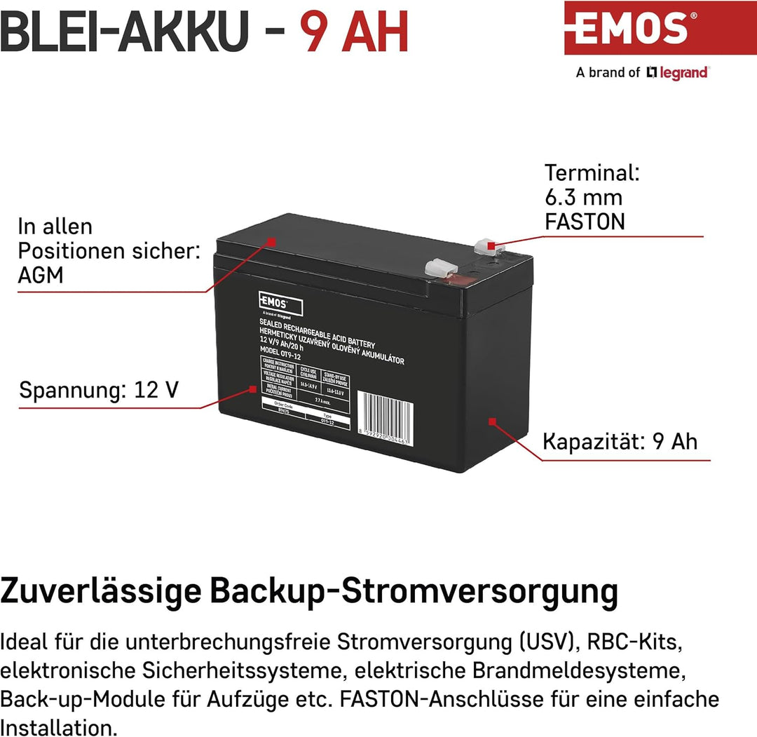 EMOS - Wartungsfreier Bleiakku - 12V 9Ah - AGM Batterie - Faston 6,3mm Anschluss - Für USV-Geräte -