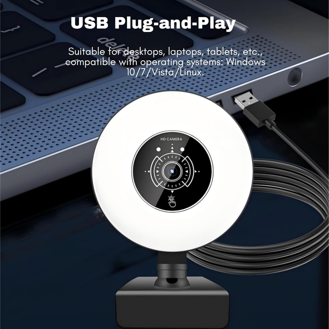 Webcam 4K mit Licht für PC USB 30FPS Webkamera mit Mikrofon AF Auto-Fokus, 3 Einstellbare Helligkeit