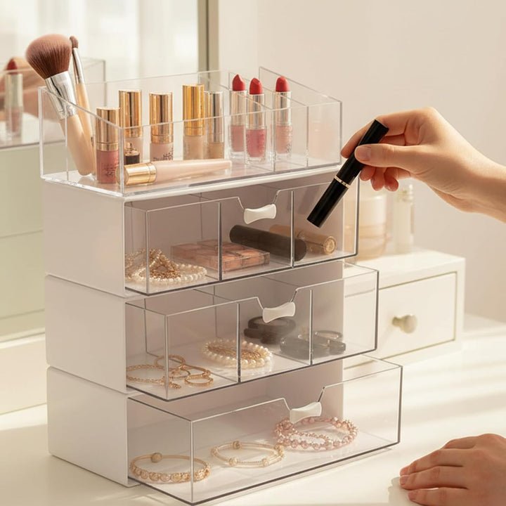 4 Stück Stapelbare Kosmetik Organizer, Badezimmer Organizer mit Schubladen, Make Up Organizer für Ko