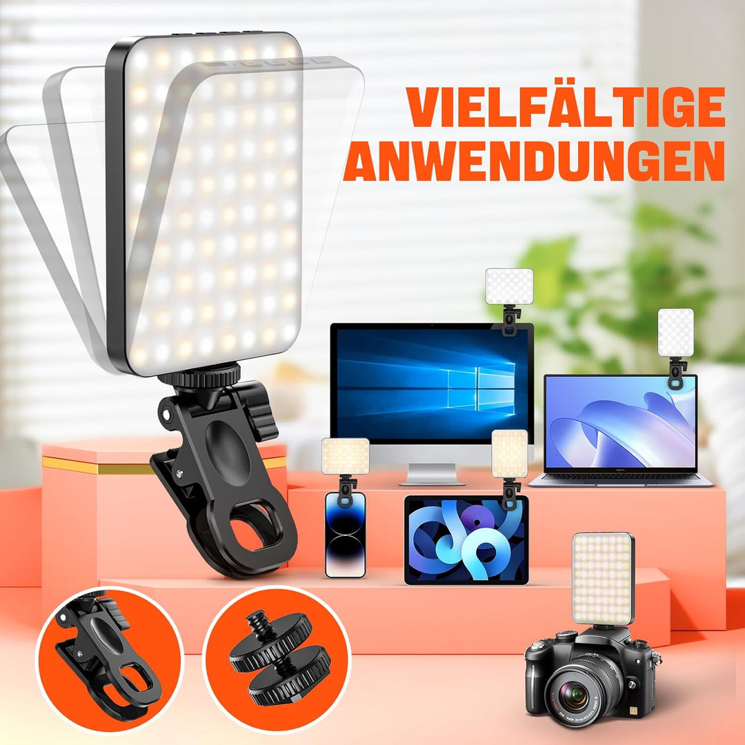 Selfie Licht, 80 LED Videolicht 3000-6500K 3 Lichtmodi 10 Helligkeiten CRI95+, 3000 mAh Akku Handy L